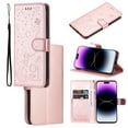thumbnail image 1 of For iPhone 14 Luxury Wallet Case,Embossed Flower Cat[Hand Strap] Handmade Flip Folio Magnetic Closure Cover with [Kickstand Function] Credit Card Holder For iPhone 14, Rosegold, 1 of 8
