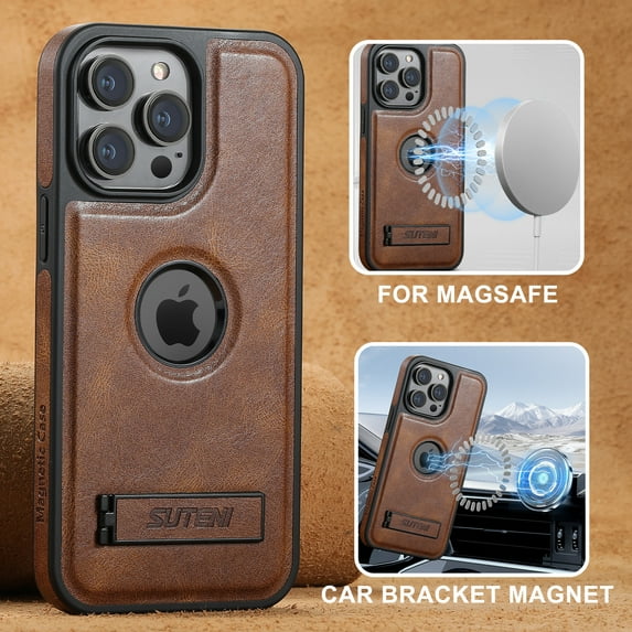 for iPhone 14 Magnetic Case, Compatible with MagSafe, Built-in Kickstand, Support Car Mount, Slim Premium PU Leather Retro Wireless Charging Phone Case for iPhone 14, Brown