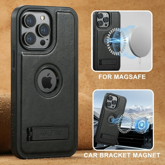for iPhone 14 Magnetic Case, Compatible with MagSafe, Built-in Kickstand, Support Car Mount, Slim Premium PU Leather Retro Wireless Charging Phone Case for iPhone 14, Black