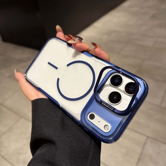 for iPhone 14 Magnetic Case with Kickstand, [Compatible with MagSafe] Built in Stash Camera Stand Clear Shockproof Soft Cover Camera Lens Protection Case for iPhone 14, Blue