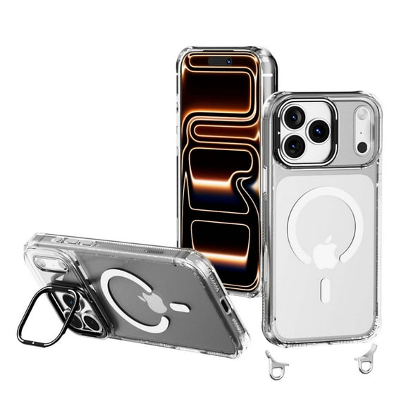 for iPhone 14 Magnetic Case with Stand & 8mm Shoulder Strap, Compatible with Mag-Safe, Crossbody Phone Case with Adjustable Lanyard, Shockproof Hybrid Cover for iPhone 14, Clear