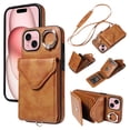 thumbnail image 1 of for iPhone 14 PU Leather Back + TPU Frame Rugged Case, Classic 360 Rotating Ring Kickstand Card Slots Shoulder Strap Drop Protective Slim Fit Shockproof Phone Case Cover, Brown, 1 of 12
