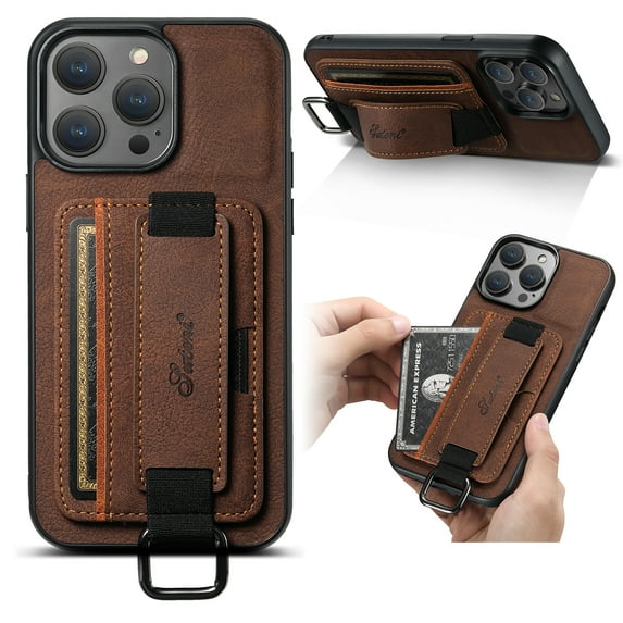 for iPhone 14 PU Leather Card Slots Back Case, Classic Wristband Kickstand Finger Ring Shockproof Protective TPU Frame Phone Case for iPhone 14 Women Men Boys Girls, Brown