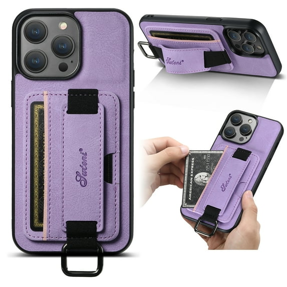 for iPhone 14 PU Leather Card Slots Back Case, Classic Wristband Kickstand Finger Ring Shockproof Protective TPU Frame Phone Case for iPhone 14 Women Men Boys Girls, Purple