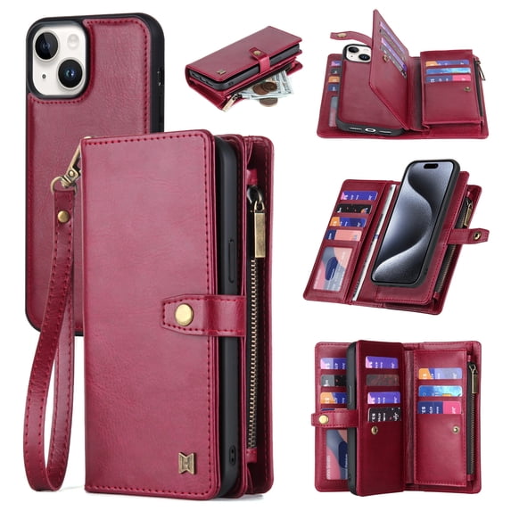 for iPhone 14 PU Leather Detachable Magnetic Wallet Case, Zipper Pocket Card Slots Multifunctional Rugged Full Body Protection Wrist Strap Magnetic Buckle for iPhone 14 - Red