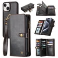 thumbnail image 1 of for iPhone 14 PU Leather Detachable Magnetic Wallet Case, Zipper Pocket Card Slots Multifunctional Rugged Full Body Protection Wrist Strap Magnetic Buckle for iPhone 14 - Black, 1 of 7