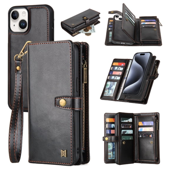for iPhone 14 PU Leather Detachable Magnetic Wallet Case, Zipper Pocket Card Slots Multifunctional Rugged Full Body Protection Wrist Strap Magnetic Buckle for iPhone 14 - Black