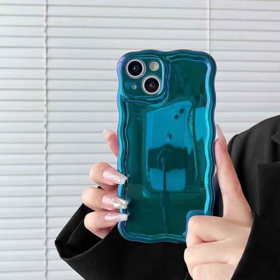 for iPhone 14 Phone Case,Cute Laser Colorful Retro Exquisite Curly Wave Wavy Edge Case,Aesthetic Soft TPU Protective Case for iPhone 14 6.1 Inch,Dark Green