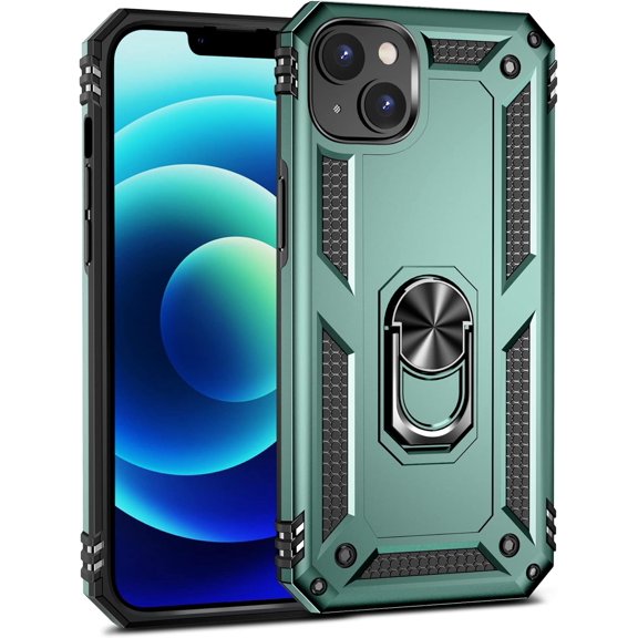 iPhone 14 Phone Case, Extreme Protection Military Armor Dual Layer Protective Ring Kickstand Green
