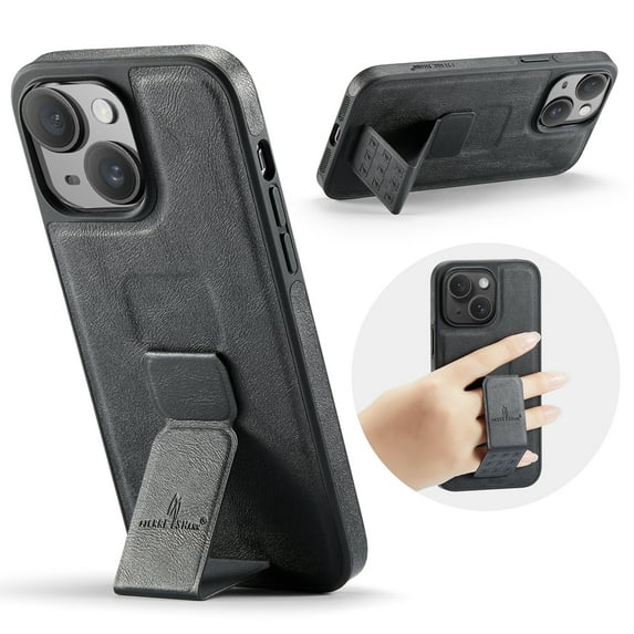 for iPhone 14 Phone Case, Vintage Magnetic Finger Hand Wrist Strap Kickstand Shockproof Protective PU Leather Thin Fit Anti-Scratch Cover Compatible with iPhone 14, Black