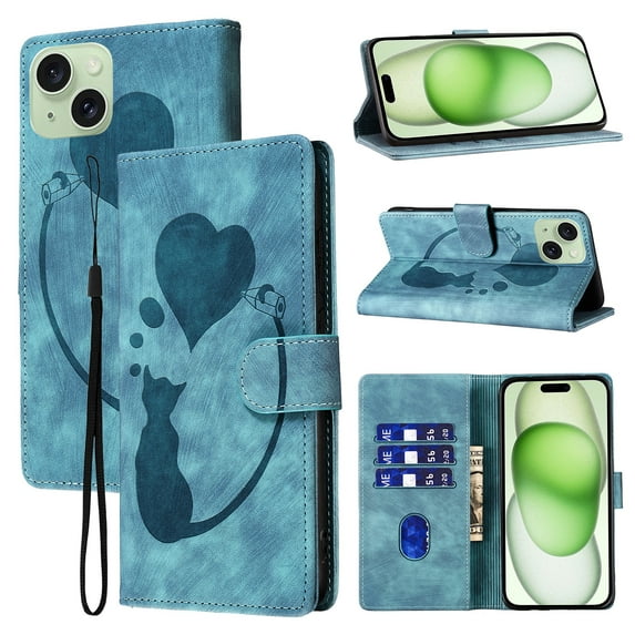 for iPhone 14 Phone Case Wallet Flip Cases,Cute Cat & Heart Patterned,Retro PU Leather Kickstand,Card Holder,Wrist Strap,Magnetic Closure,Shockproof Cover For iPhone 14, Blue