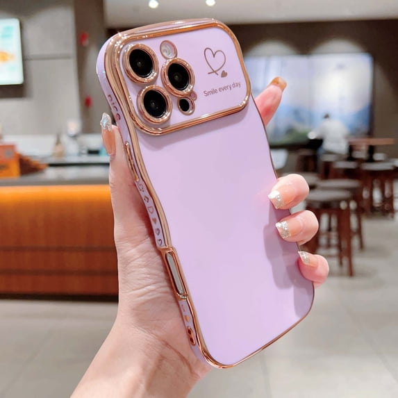 For iPhone 14 Phone Case,Wavy Frame Designing,Love Heart Pattern,Luxury Plating Shockproof Anti-fall Soft TPU Ultra Slim Thin Fit Cute Electroplated Phone Case Cover,Purple