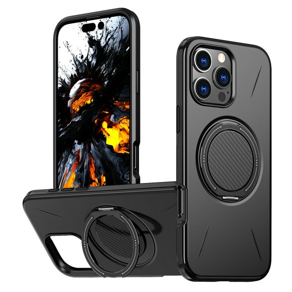 For iPhone 14 Phone Case,With 360°Rotatable Invisible Magnetic O-Ring Kickstand,Compatible with Mag-Safe,Heavy Duty Shockproof Protection Anti-Scratch Rugged Slim Phone Case,Black