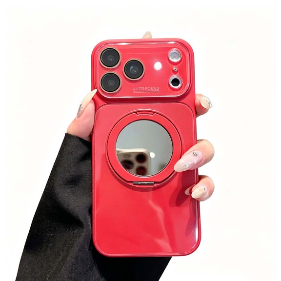 For iPhone 14 Phone Case,With 360° Rotatable Ring Kickstand,Built-in Camera Lens Protector,With Back Circular Make-up Mirror Design,Shokcproof Non-Slip Rugged Phone Case,Winered
