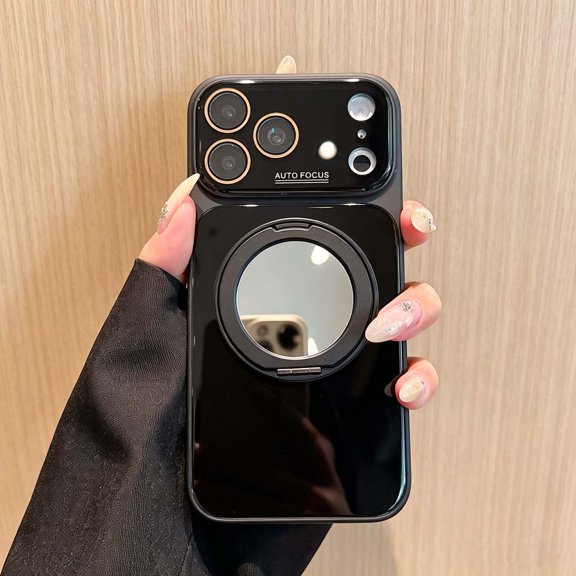 For iPhone 14 Phone Case,With Back Circular Make-up Mirror,Camera Lens Protector,360°Rotatable Ring Kickstand,Glossy Shockproof Durable Cover,PC + TPU Hybrid Phone Case,Black