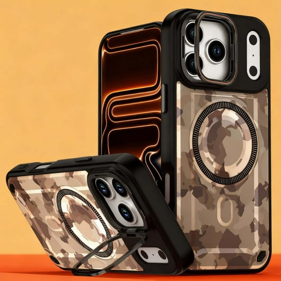 For iPhone 14 Phone Case,With Contractile Lens Ring Kickstand,Compatible with Mag-Safe,Heavy Duty Shockproof Anti-fall Drop Protection,Camouflage Pattern Back,Durable Phone Case,C