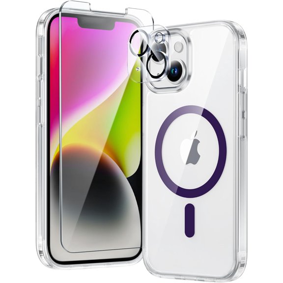 for iPhone 14 Phone Case: iPhone 13 Phone Clear Case Magnetic Military Grade Drop Protection Anti Yellowing Cell Phone Cover- Rugged Shockproof Protective Bumper(Clear-Purple Magnetic)