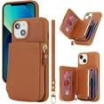 thumbnail image 1 of iPhone 14 Phone case Wallet with Zipper Card Holders for Women, iPhone 14 Case Wallet with Credit Card with Ring Kickstand Zipper Stand Case for iPhone14 - Brown, 1 of 18
