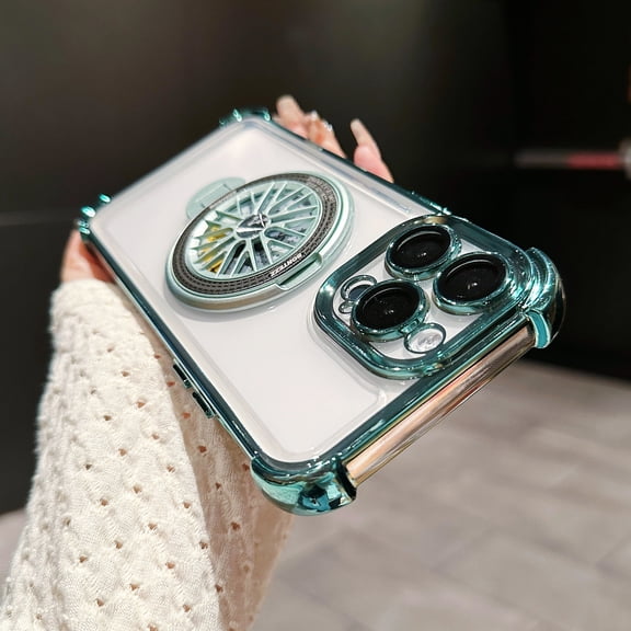 for iPhone 14 Plating Case with Rotating Gyroscope Magnetic Ring Stand Full Camera Lens Protection Compatible with MagSafe Clear Back Phone Cover for iPhone 14, Green