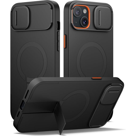 for iPhone 14 Plus/15 Plus Case with Magnetic Camera Slide Cover and Adjustable Kickstand, Compatible with MagSafe, Shockproof Bumper Case Slim Protective Cover 6.7 Inch, Black