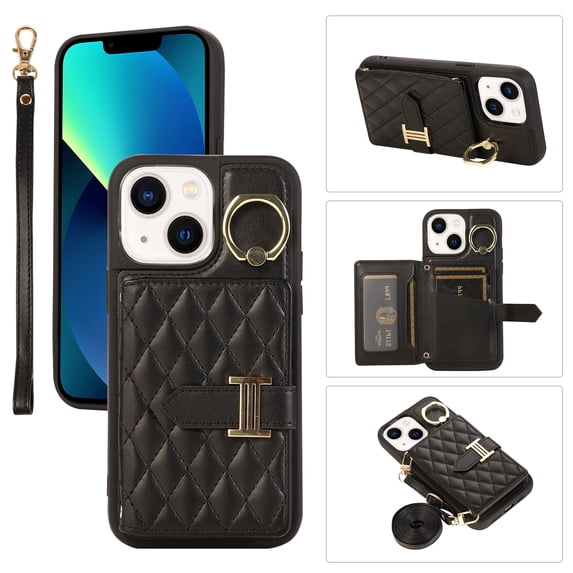 for iPhone 14 Plus 6.7" Detachable Shoulder Strap Wallet Case, with Card Slots & 360-degree Rotation Stand Ring Flip Premium PU Leather Protective Cover Lanyard for Women Girls, Black