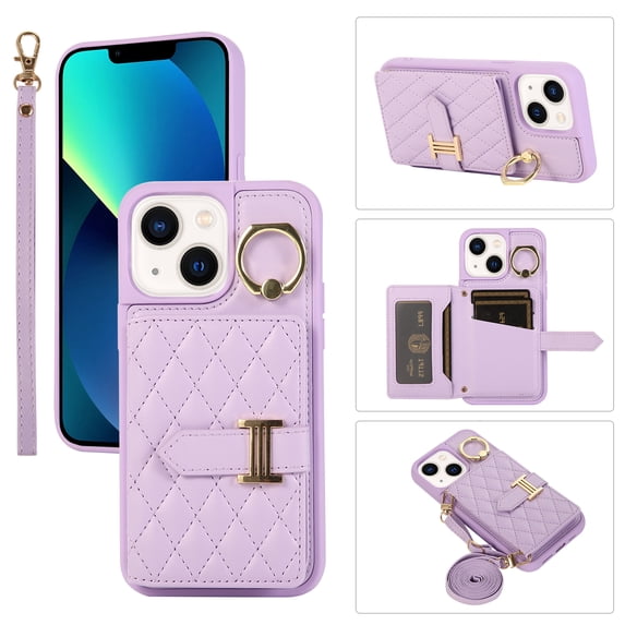 for iPhone 14 Plus 6.7" Detachable Shoulder Strap Wallet Case, with Card Slots & 360-degree Rotation Stand Ring Flip Premium PU Leather Protective Cover Lanyard for Women Girls, Purple