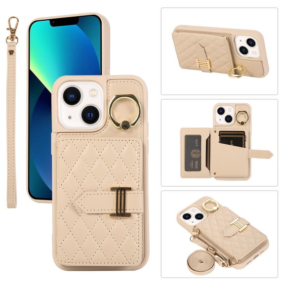 for iPhone 14 Plus 6.7" Detachable Shoulder Strap Wallet Case, with Card Slots & 360-degree Rotation Stand Ring Flip Premium PU Leather Protective Cover Lanyard for Women Girls, Beige