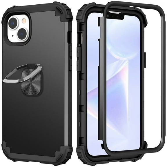 for iPhone 14 Plus 6.7" Military Shockproof Case, Hard PC Back Magnetic Case with Car Mount & Metal Ring Kickstand Heavy Duty Full Body Protective Case for 14 Plus Women Men, Black