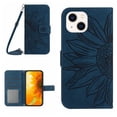 thumbnail image 1 of For iPhone 14 Plus 6.7" Sunflower  Embossed Strong Magnetic Attachment/Closure, Card Slots/Pocket, PU Leather Flip Wallet Case With Adjustable Shoulder Strap,Dark blue,For iPhone 14 Plus, 1 of 11