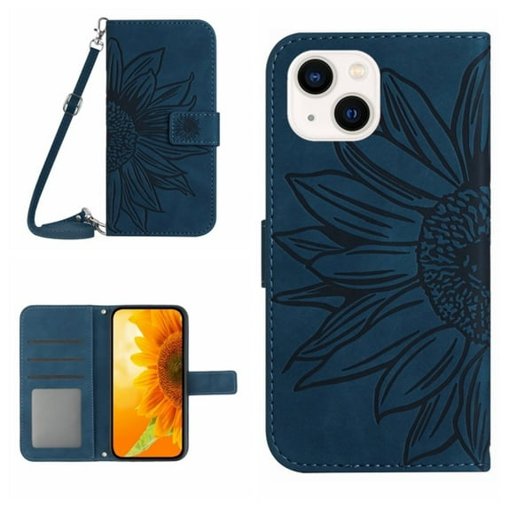 For iPhone 14 Plus 6.7" Sunflower Embossed Strong Magnetic Attachment/Closure, Card Slots/Pocket, PU Leather Flip Wallet Case With Adjustable Shoulder Strap,Dark blue,For iPhone 14 Plus
