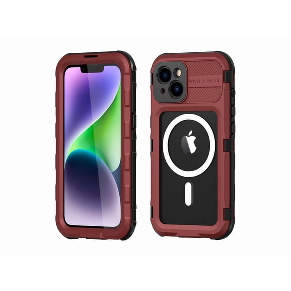 iPhone 14 Plus 6.7 inch Waterproof Case, MagSafe Compatible, Built-in Screen Protector IP68 Underwater Dustproof 360 Full Body Shockproof Protective Cover Red