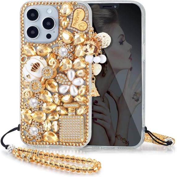 for iPhone 14 Plus Bling Case,3D Cute Diamond Glitter Sparkle Crystal Rhinestone Women Girls Pumpkin Car Love Pendant Clear Bumper Protective Cover for iPhone 14 Plus 6.7 inch,Gold