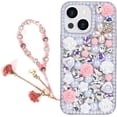 thumbnail image 1 of for iPhone 14 Plus Bling Case with Strap, Luxury Glitter Rhinestone Diamond Crystal Sparkle Rose Flower Pearl Floral Bracelets Soft Bumper Protective Case Cover for Women Girls White Pink, 1 of 15