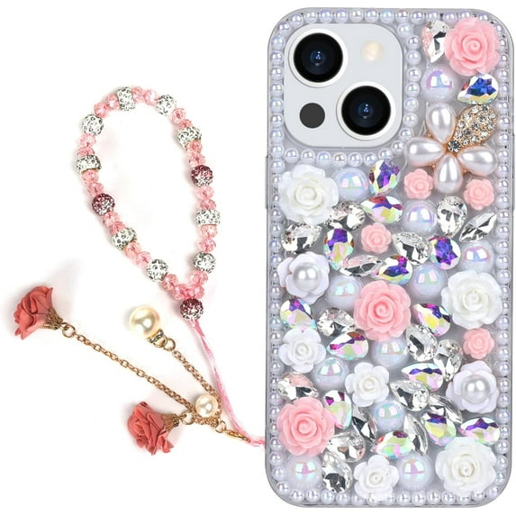 for iPhone 14 Plus Bling Case with Strap, Luxury Glitter Rhinestone Diamond Crystal Sparkle Rose Flower Pearl Floral Bracelets Soft Bumper Protective Case Cover for Women Girls White Pink