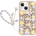 thumbnail image 1 of for iPhone 14 Plus Bling Case with Strap, Luxury Glitter Rhinestone Diamond Crystal Sparkle Rose Flower Pearl Floral Bracelets Soft Bumper Protective Case Cover for Women Girls Yellow, 1 of 17