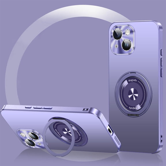for iPhone 14 Plus Case with 360° Rotatable Ring Stand [Camera Lens Protector Film] [Military Grade Protection] Magnetic Compatible with Mag-Safe Rugged Shockproof Slim Case for Women Men, Purple