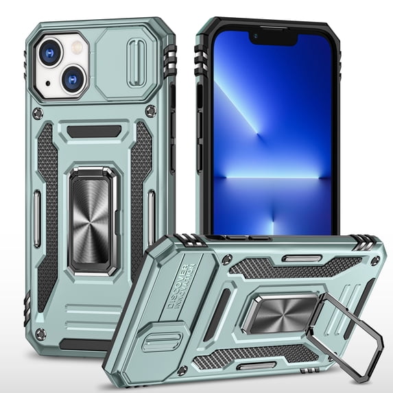 for iPhone 14 Plus Case with 360° Rotate Ring Kickstand & Sliding Camera Cover & Support Magnetic Car Mount Holder Military Grade Drop Protection Case for iPhone 14 Plus, Darkgreen
