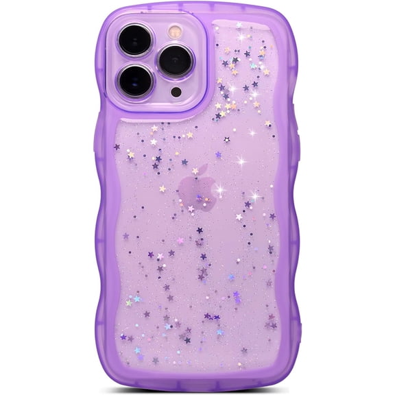 for iPhone 14 Plus Case 6.7" Curly Wave Edge Design Transparent Bling Glitter Star Shiny Case Cute Clear Transparent Full Protection Soft TPU Shockproof Phone Cover for Women Girls, Purple