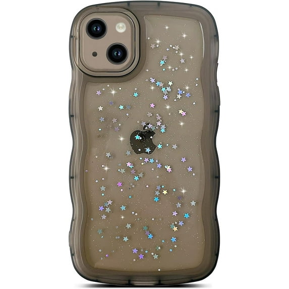 for iPhone 14 Plus Case 6.7" Curly Wave Edge Design Transparent Bling Glitter Star Shiny Case Cute Clear Transparent Full Protection Soft TPU Shockproof Phone Cover for Women Girls,Black