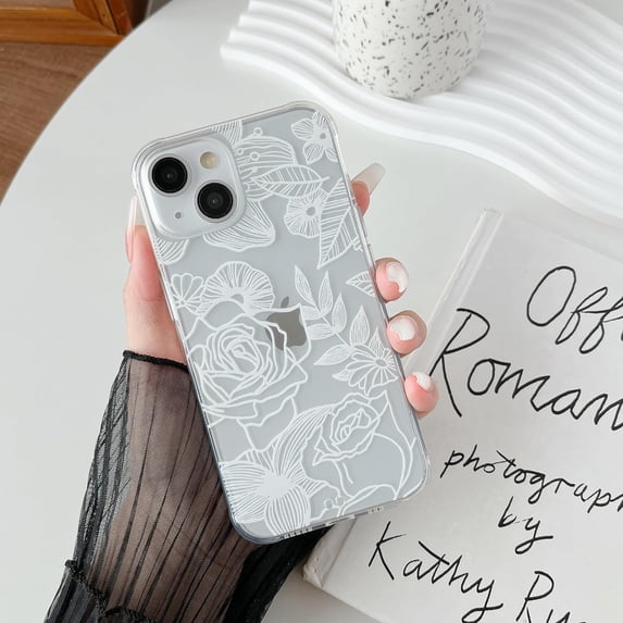 for iPhone 14 Plus Case 6.7 Inch Cute Phone Case Floral Rose Aesthetic Flower Clear Case for Women Girls Slim Pattern Anti-Yellow Shockproof Protective TPU Bumper Case, White