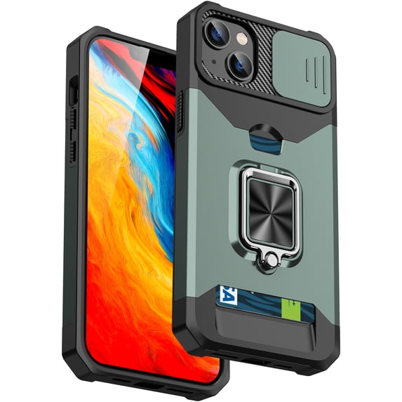 For iPhone 14 Plus Case with Card Holder & 360° Magnetic Ring Stand Heavy Duty Camera Lens Slide Dual Layer Shockproof Hidden Card Slot Slim Wallet Phone Case Cover for Women Men,Darkgreen