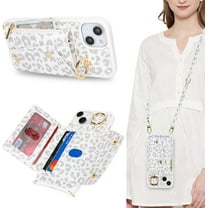 for iPhone 14 Plus Case with Card Holder and Strap - Zipper Pocket,Crossbody Lanyard Strap,Credit Card Holder,Stand Ring,Cute Phone Wallet Case for Women(White Leopard,6.7 Inch)