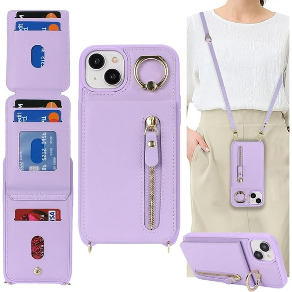 iPhone 14 Plus Case with Card Holder for Women, iPhone 14 Plus Phone Case Wallet with Strap Credit Card Slots Crossbody with Kickstand Zipper Case for iPhone14Plus - Purple