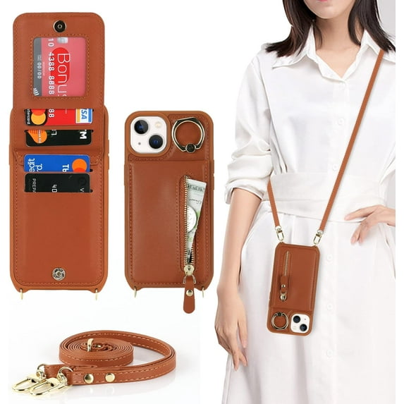 iPhone 14 Plus Case with Card Holder for Women, iPhone 14 Plus Phone Case Wallet with Strap Credit Card Slots Crossbody with Kickstand Zipper Shockproof Case for iPhone14Plus - Brown
