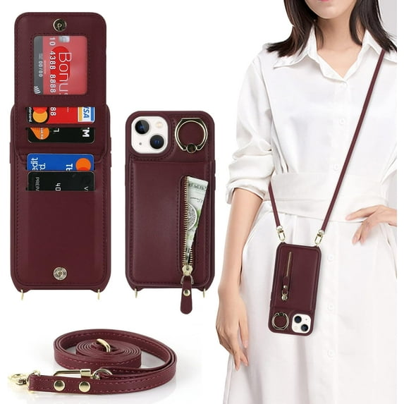 iPhone 14 Plus Case with Card Holder for Women, iPhone 14 Plus Phone Case Wallet with Strap Credit Card Slots Crossbody with Kickstand Zipper Shockproof Case for iPhone14Plus - Red Wine
