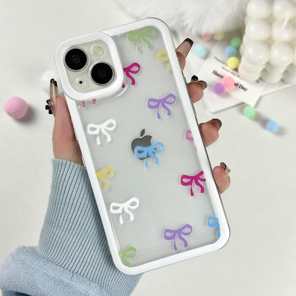 for iPhone 14 Plus Case, Clear Cute Bows Ribbon Bowknot Aesthetic Pattern for Women Girls, Transparent Full Camera Protection Slim Soft TPU Protective Cover - Colorful