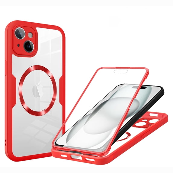 for iPhone 14 Plus Case Clear, Magnetic Case with Screen Protector, Compatible with MagSafe, Not Yellowing Shockproof Full Body Protection Slim Transparent Phone Case for iPhone 14 Plus, Red