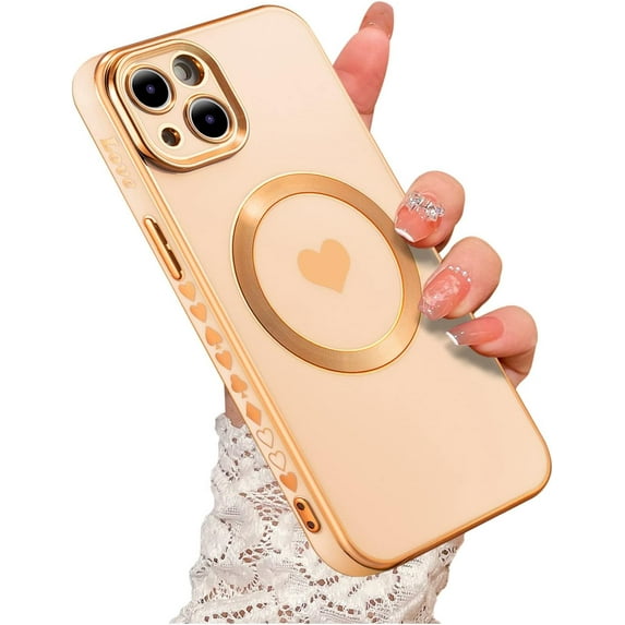 for iPhone 14 Plus Case Compatible with MagSafe, Luxury Love Heart Soft Phone Case, Full Camera Lens Protection Magnetic Case for iPhone 14 Plus for Women Girls (6.7") - Pink