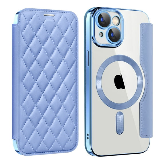 for iPhone 14 Plus Case Compatible with Magsafe, Slim Fit Flip Protective PU Leather Wallet Case with RFID Blocking Card Slot Build-in Len Protector for iPhone 14 Plus, Blue
