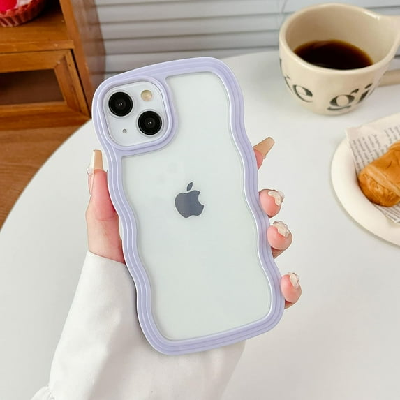 for iPhone 14 Plus Case, Curly Wave Frame Cute Phone Case Clear Wavy Aesthetic Phone Case for Women Girls Slim Soft TPU Shockproof Protective Bumper Case, Purple